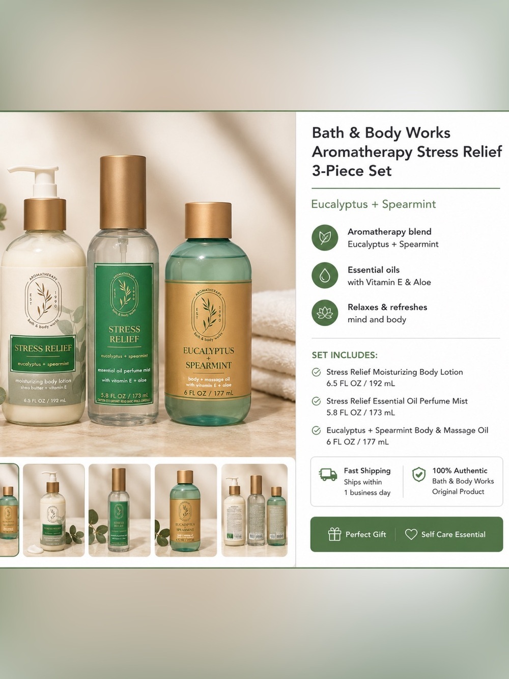 3pc Bath & Body Works Eucalyptus + Spearmint Set - body spray, massage oil set